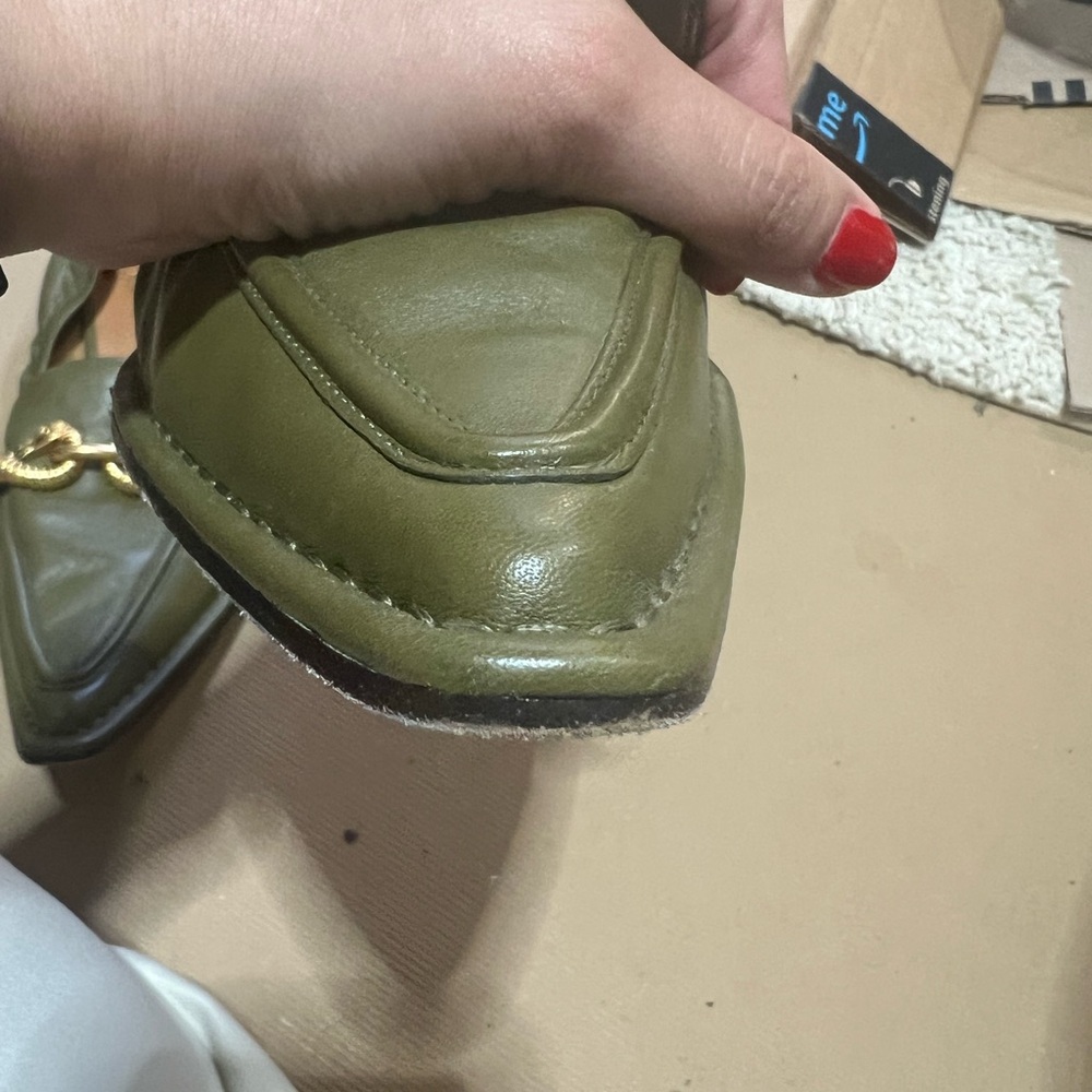 Tory Burch Jessa Olive Green Leather Pointy-Toe Gold Horse Bit Ballet Loafers